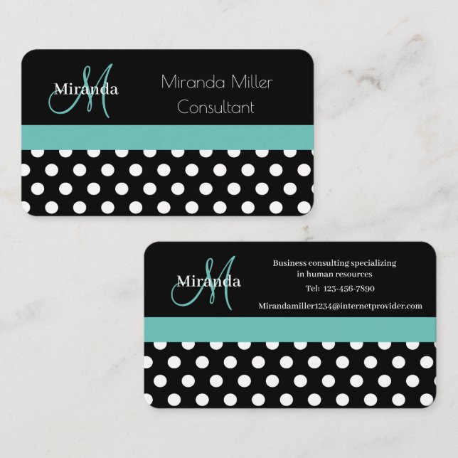 Teal Grönt Monogram Black White Polka Dot Visitkort (Fram/baksida)