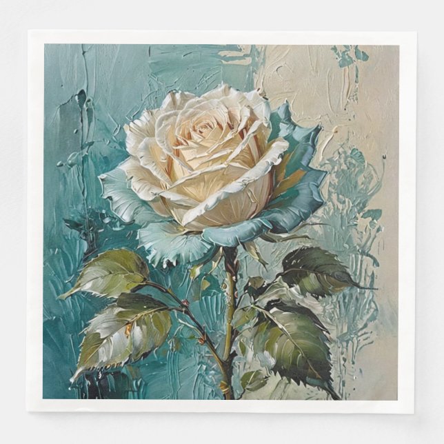 Teal Grönt och Cream Ro Blommigt Art Design Pappersservett (Framsida)