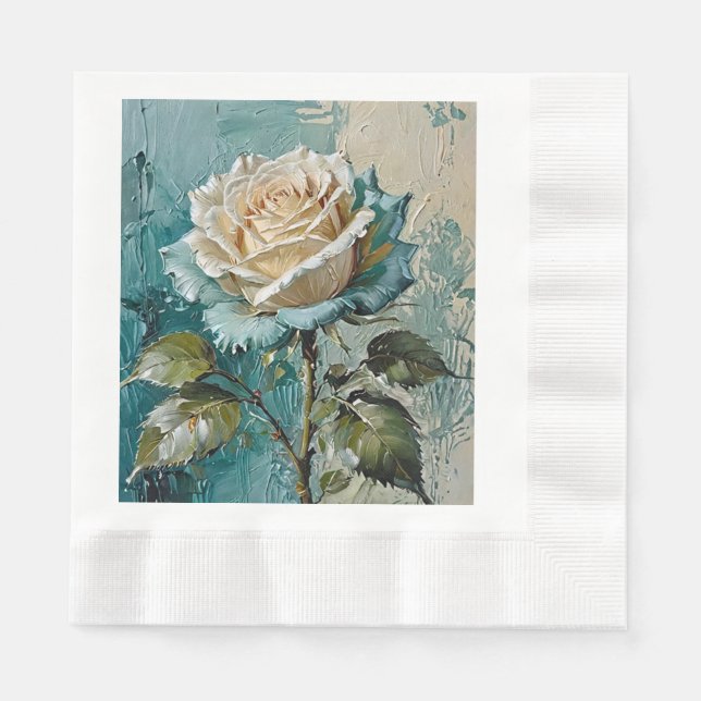 Teal Grönt och Cream Ro Blommigt Art Design Pappersservett (Framsidan)