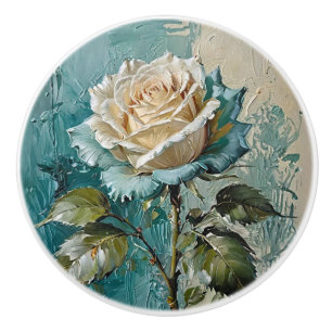 Teal Grönt och Cream Ro Blommigt Art Oil Design Knopp