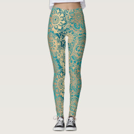 Teal Grönt och Guld Boho Mandala Mönster Yoga Leggings