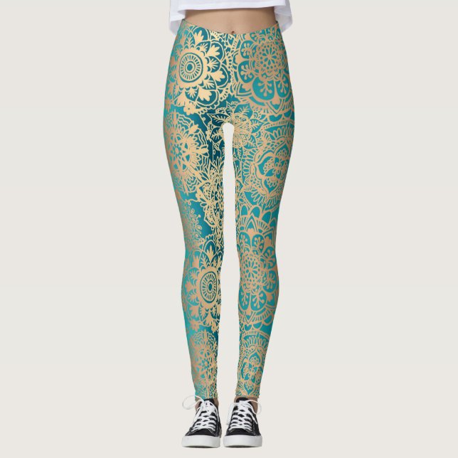 Teal Grönt och Guld Boho Mandala Mönster Yoga Leggings (Framsida)