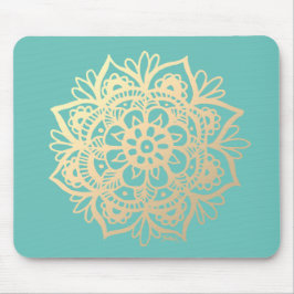 Teal Grönt och Guld Mandala Flower Musmatta
