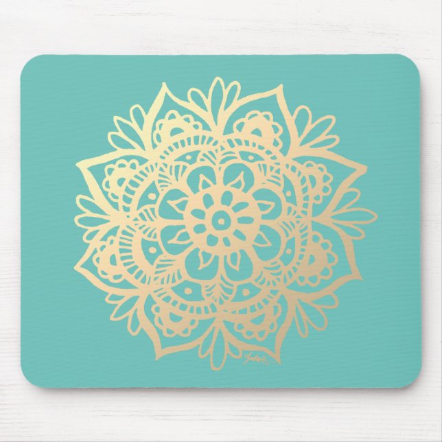 Teal Grönt och Guld Mandala Flower Musmatta (Framsidan)