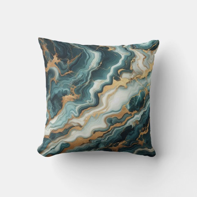 Teal Grönt och Guld Marble Kudde (Framsida)