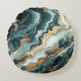 Teal Grönt och Guld Marble Rund Kudde