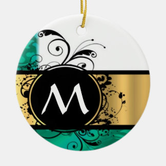 Teal grönt och guld monogram julgransprydnad keramik