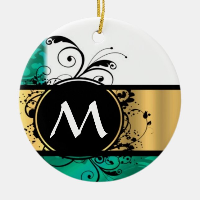 Teal grönt och guld monogram julgransprydnad keramik (Framsidan)