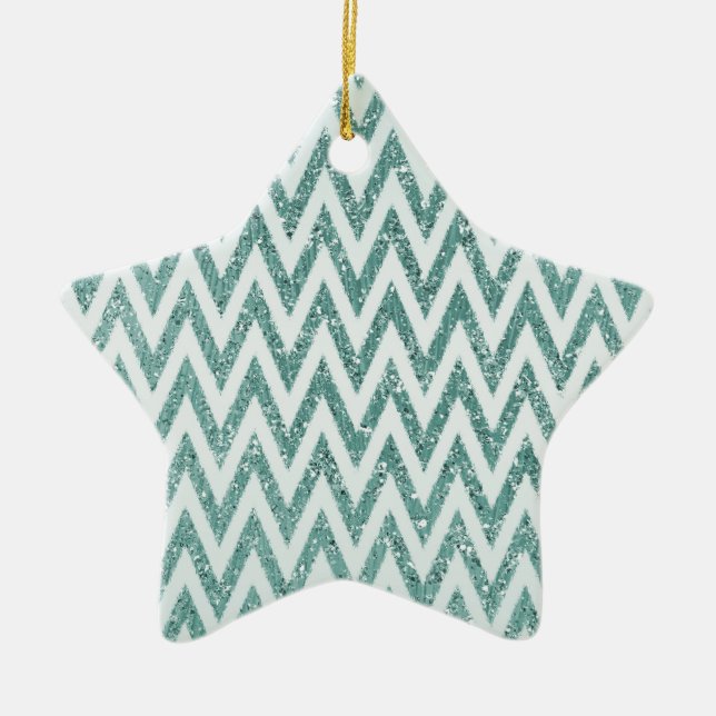 Teal Grönt och White Faux Glitter Zigzag Julgransprydnad Keramik (Framsidan)