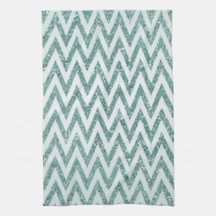 Teal Grönt och White Faux Glitter Zigzag Kökshandduk