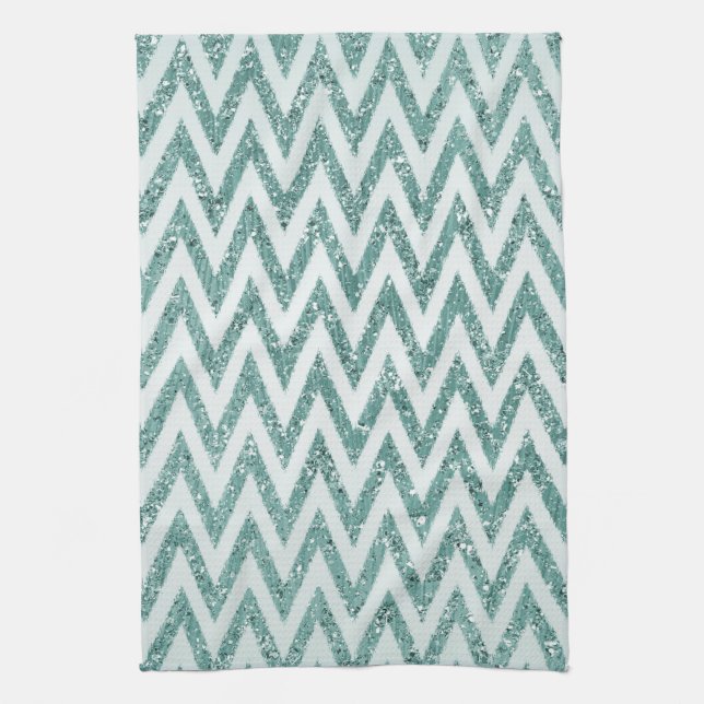 Teal Grönt och White Faux Glitter Zigzag Kökshandduk (Vertikal)