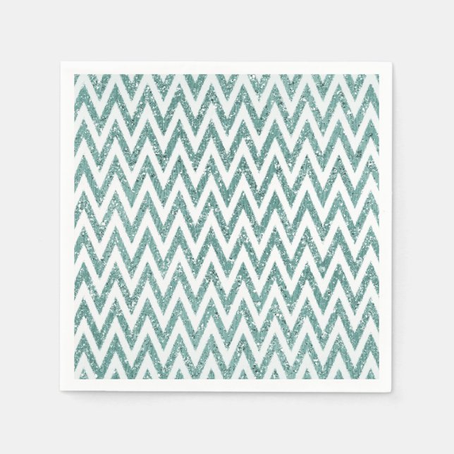 Teal Grönt och White Faux Glitter Zigzag Pappersservett (Framsidan)
