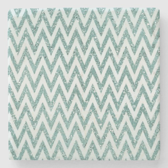 Teal Grönt och White Faux Glitter Zigzag Stenunderlägg (Framsidan)
