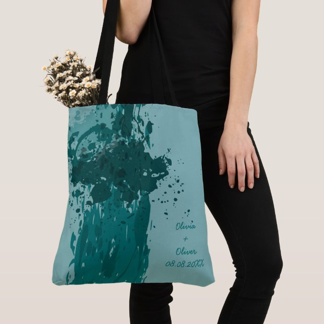 Teal Grönt Paint Splatter Party Gift Tygkasse (Närbild)