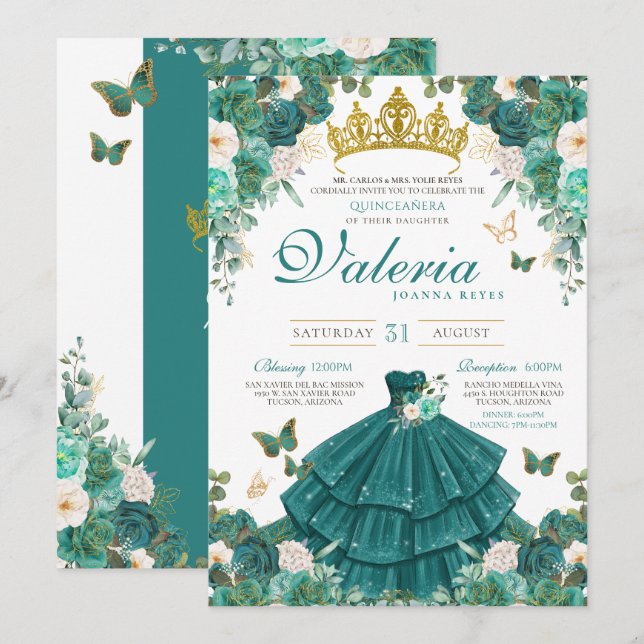 Teal Grönt Ro Butterfly Princess Quinceanera Inbjudningar (Fram/baksida)