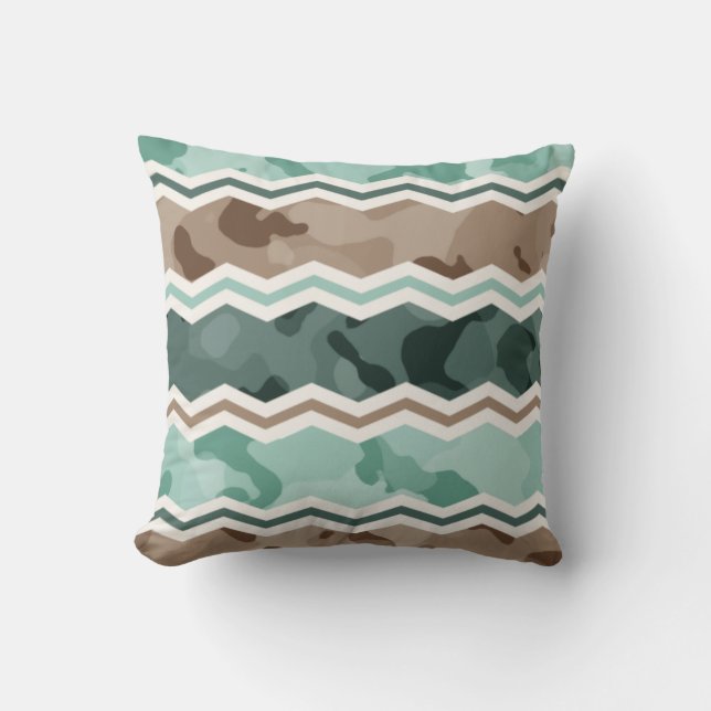 Teal Grönt, Robins Egg Blue och Brown Camo Chevron Kudde (Framsida)