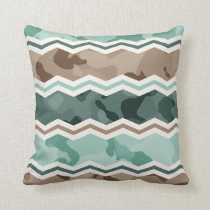 Teal Grönt, Robins Egg Blue och Brown Camo Chevron Kudde