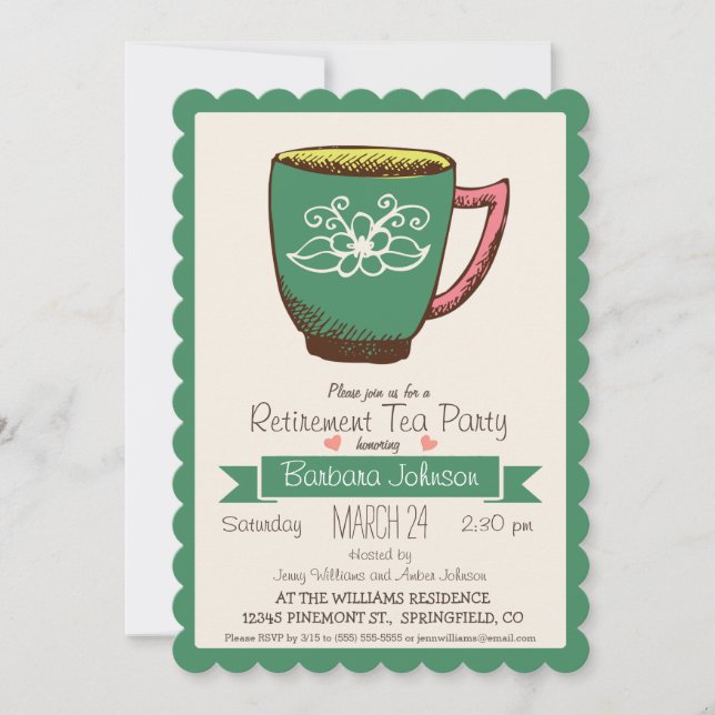 Teal Grönt & Rosa Pension Tea Party Inbjudningar (Framsida)