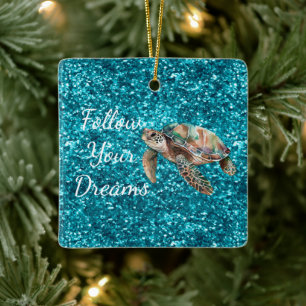Teal Grönt Sea Turtle Glitter Julgransprydnad Keramik