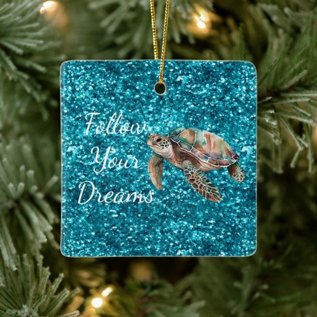 Teal Grönt Sea Turtle Glitter Julgransprydnad Keramik (Träd)