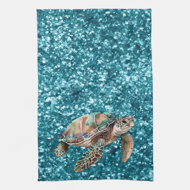 Teal Grönt Sea Turtle Kökshandduk (Vertikal)