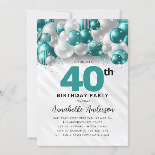 Teal Grönt Silver Balloon Glitter 40:e födelsedage Inbjudningar