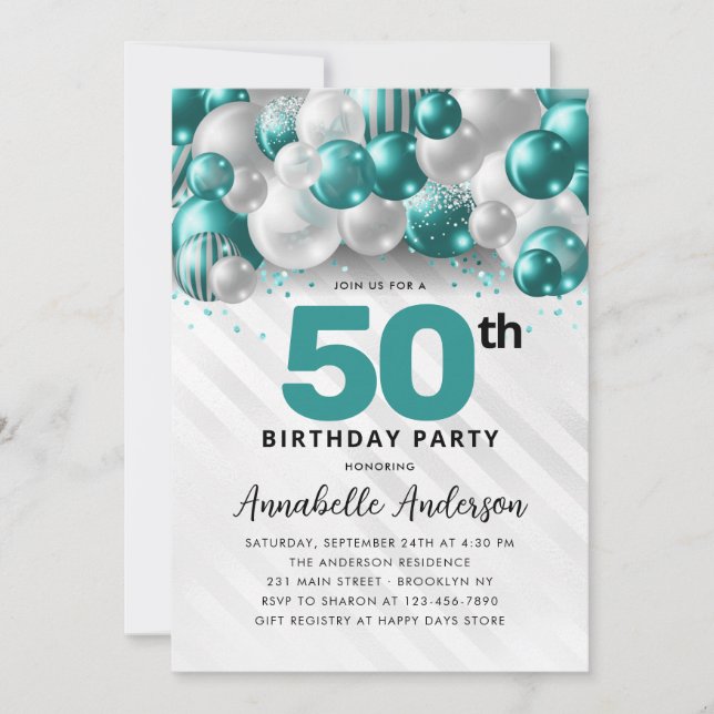 Teal Grönt Silver Balloon Glitter 50:e födelsedage Inbjudningar (Framsida)
