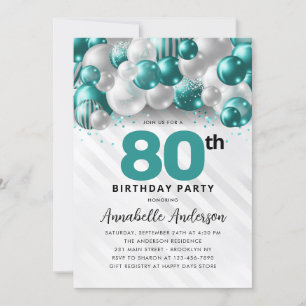 Teal Grönt Silver Balloon Glitter 80:e födelsedage Inbjudningar