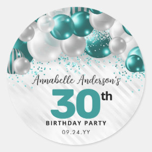 Teal Grönt Silver Balloon Glitter favor Birthday Runt Klistermärke
