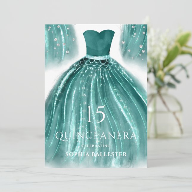 Teal Grönt Sjöjungfru Dress Quinceanera Party Inbjudningar (Stående Fram)