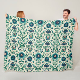 Teal Grönt svensk folkart Mönster Fleecefilt