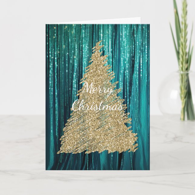 Teal Grönt Tinsel Guld Glitter Julgran Kort (Framsida)