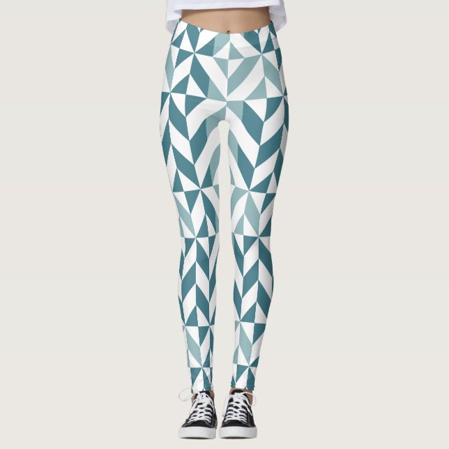 Teal Grönt Two Tone Geometric ZigZag Leggings (Framsida)