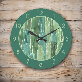 Teal Grönt Vattenfärg Cacti Mönster Stor Klocka