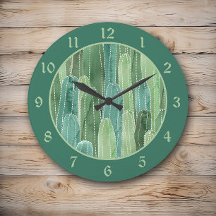 Teal Grönt Vattenfärg Cacti Mönster Stor Klocka