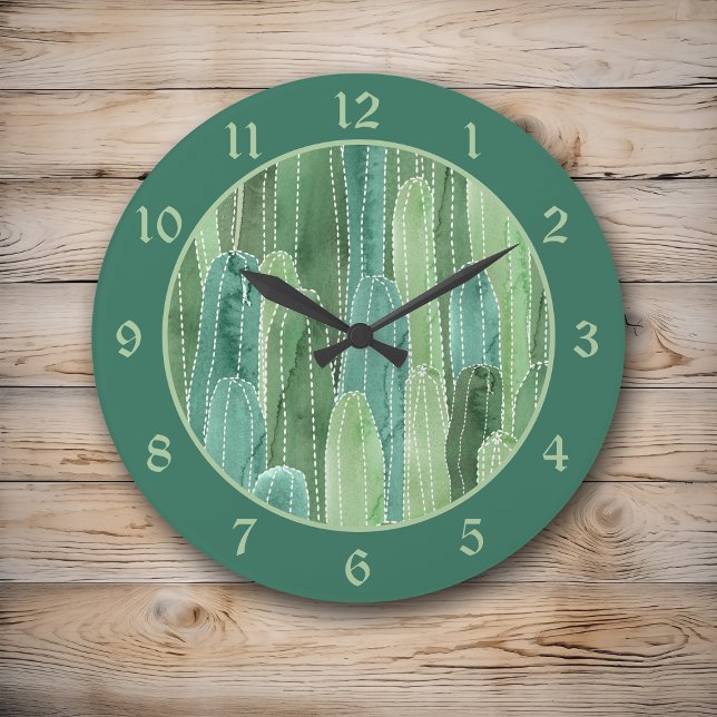 Teal Grönt Vattenfärg Cacti Mönster Stor Klocka (Skapare uppladdad)
