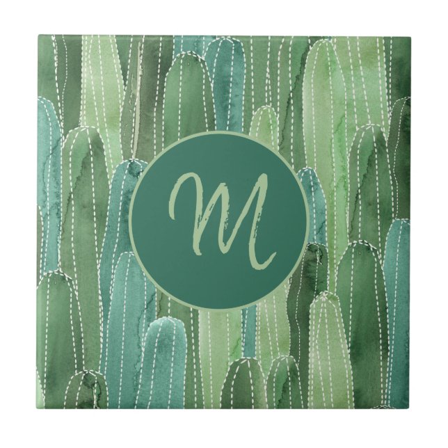 Teal Grönt Watercolor Cacti Monogram Kakelplatta (Framsidan)
