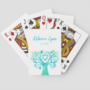 Teal Grönt Watercolor Livets träd Bat mitzvah Casinokort