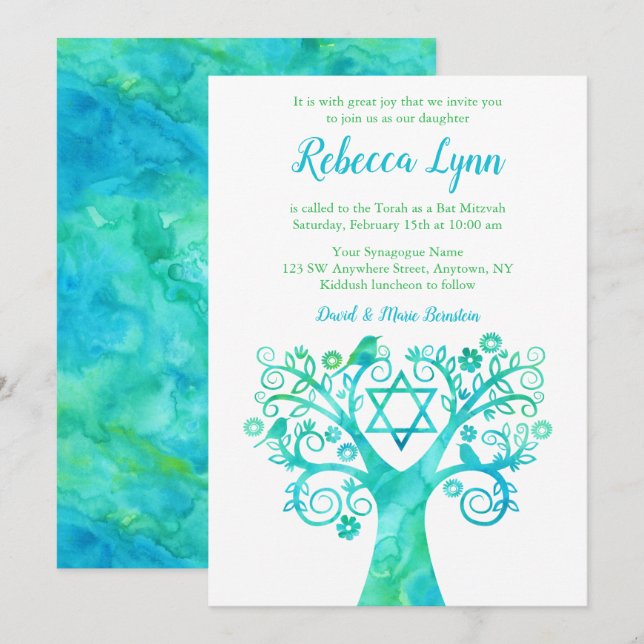 Teal Grönt Watercolor Livets träd Bat mitzvah Inbjudningar (Fram/baksida)