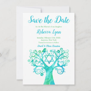 Teal Grönt Watercolor Livets träd Bat mitzvah Spara Datumet