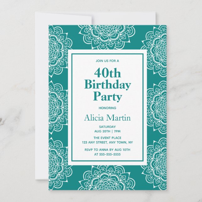 Teal Grönt & White Mandala Flower 40:e födelsedage Inbjudningar (Framsida)