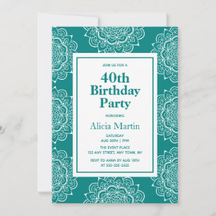 Teal Grönt & White Mandala Flower 40:e födelsedage Inbjudningar