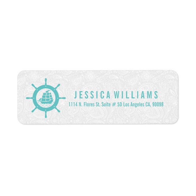 Teal Grönt & White Nautical Boat Wheel Returadress Etikett (Framsidan)