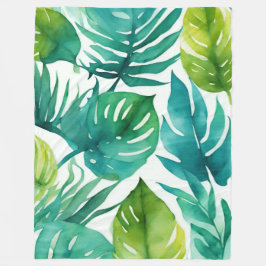 Teal Grönt White Tropical Löv Fleecefilt