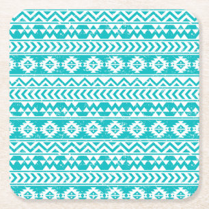 Teal Grunge Aztec Tribal Mönster Underlägg Papper Kvadrat