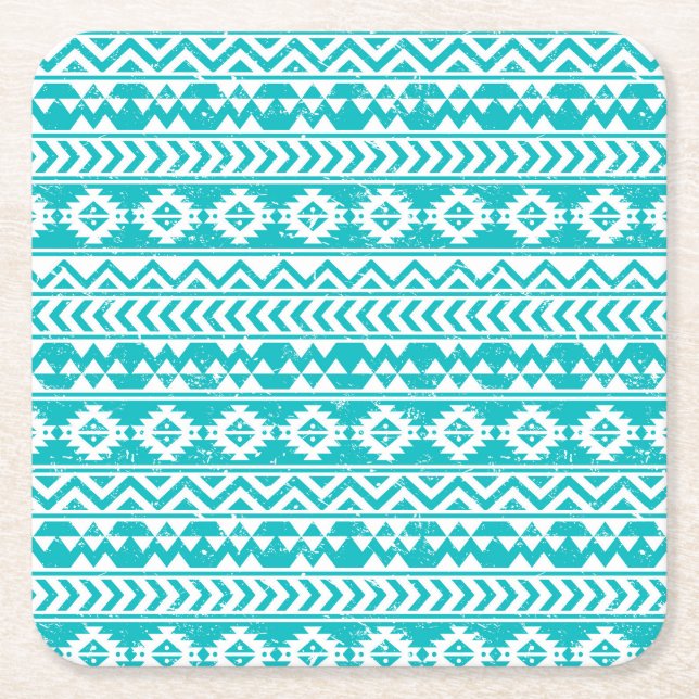 Teal Grunge Aztec Tribal Mönster Underlägg Papper Kvadrat (Framsidan)