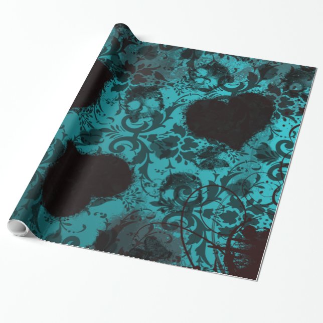 Teal Grunge Damask Valentine Presentpapper (Utrullad)