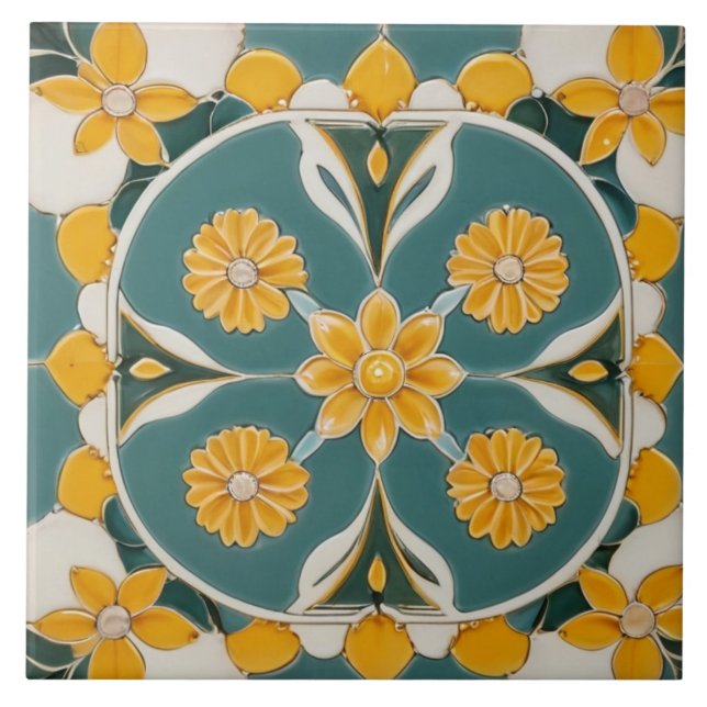 Teal Gula blommor Geometric Blommigt Mediterranean Kakelplatta (Framsidan)