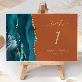 Teal Guld Agat Bränd Orange Bröllop Bordsnummer