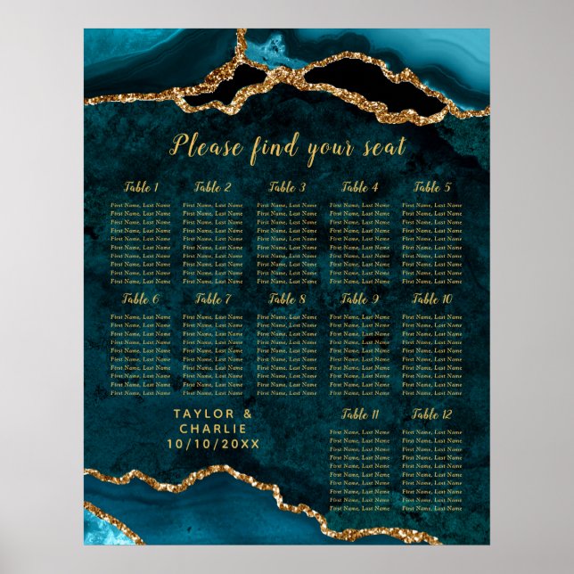 Teal Guld Agat Bröllop Placeringsplan 12 Bord Poster (Framsidan)
